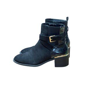 Black Faux Suede & Croc-Embossed Ankle Boots With Gold Accents  Side Zipper Clos